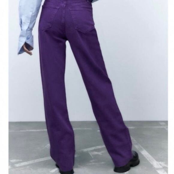 Zara NWT High-Rise Full Length Wide Leg Raw Hem Purple Denim Jeans, Size 4 - Picture 4 of 15